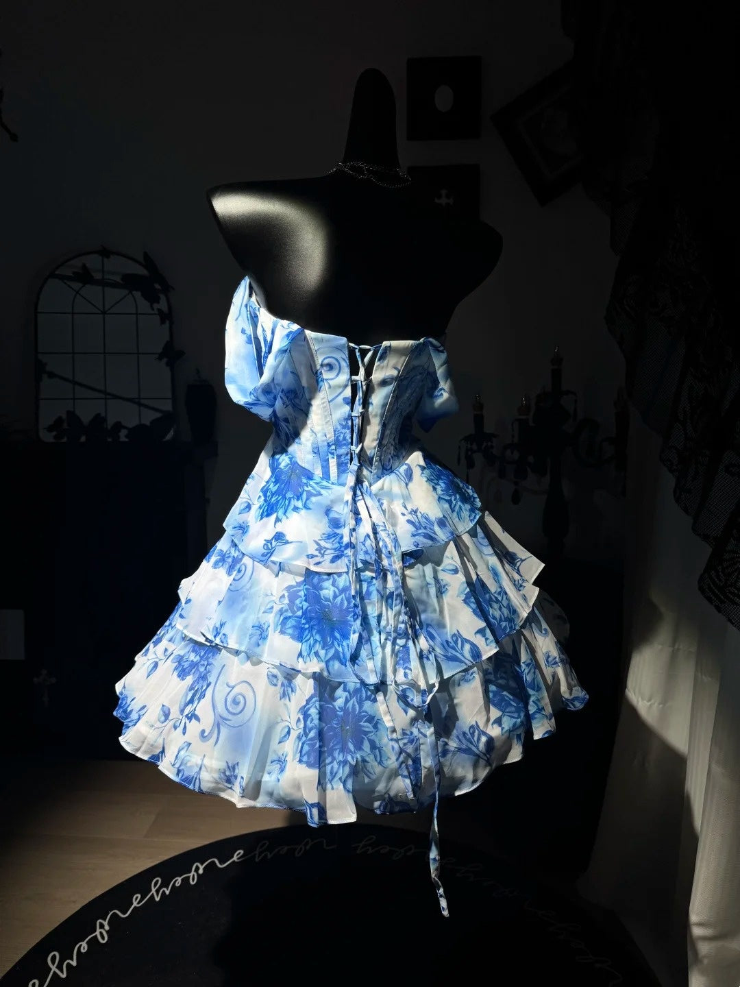 Off The Shoulder Blue Flora Homecoming Dress Layered Short Dress  J10818
