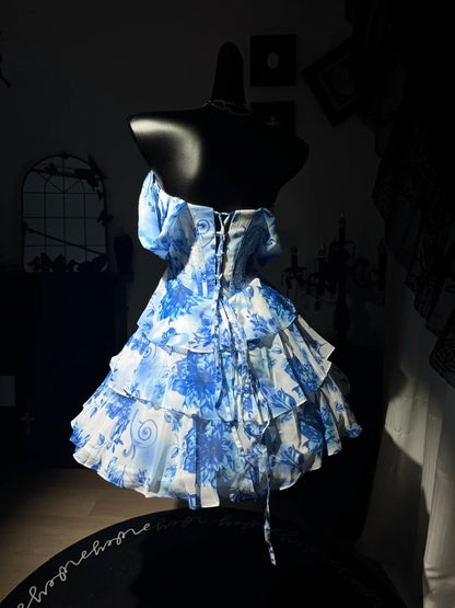 Off The Shoulder Blue Flora Homecoming Dress Layered Short Dress  J10818