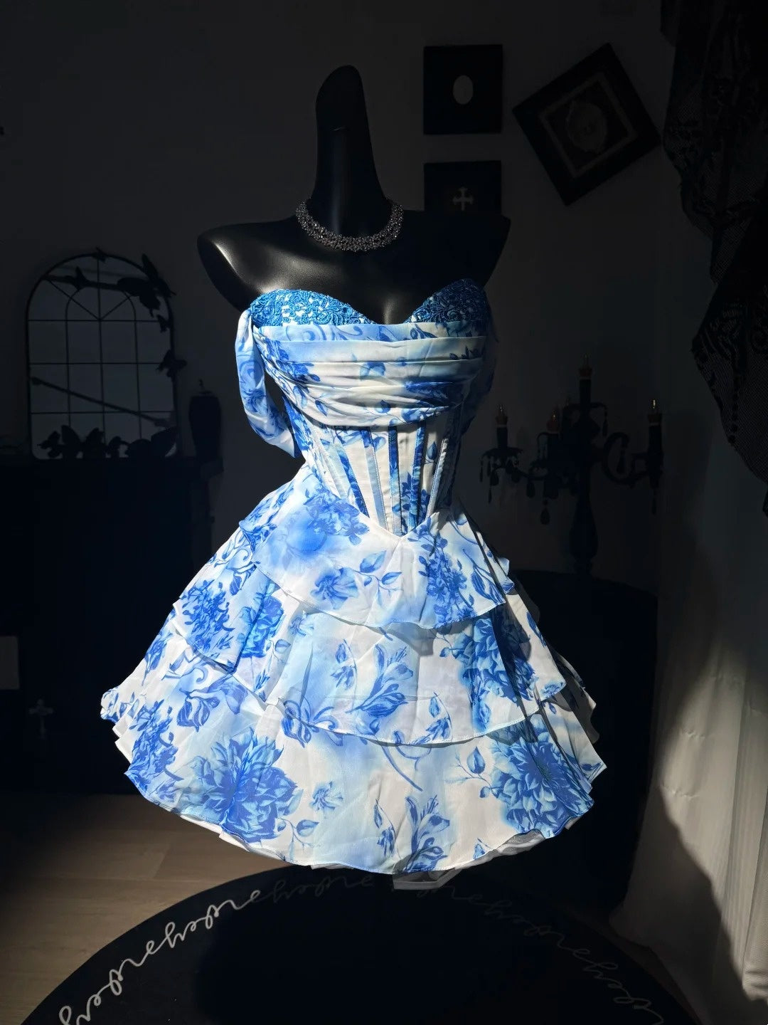 Off The Shoulder Blue Flora Homecoming Dress Layered Short Dress  J10818
