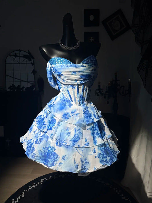 Trägerloses silbernes Vintage-Abendkleid, A-Linie, Geburtstagskleid J9370