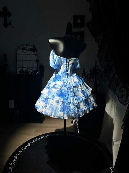 Off The Shoulder Blue Flora Homecoming Dress Layered Short Dress  J10818