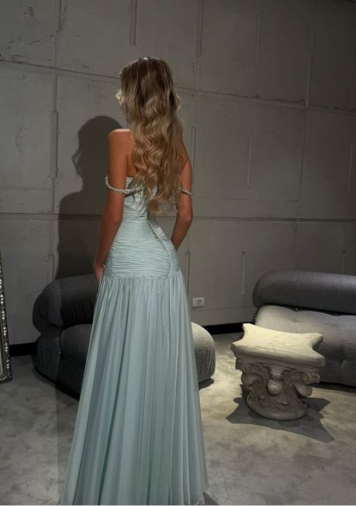 Trägerloses silbernes Vintage-Abendkleid, A-Linie, Geburtstagskleid J9370