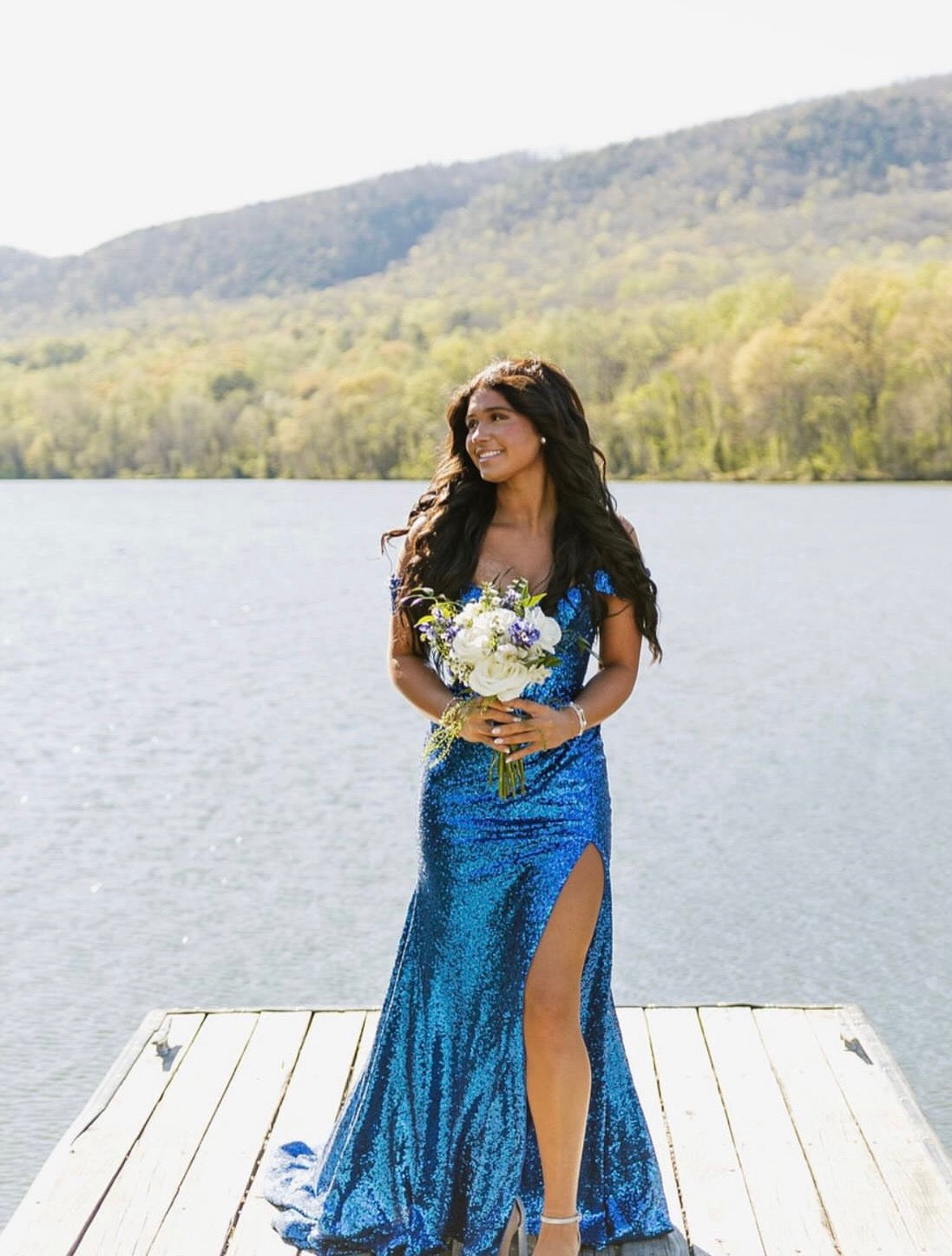 Off The Shoulder Blue Sequin Mermaid Prom Dress  J10097