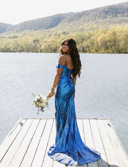 Off The Shoulder Blue Sequin Mermaid Prom Dress  J10097