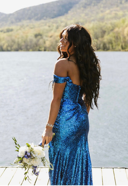 Off The Shoulder Blue Sequin Mermaid Prom Dress  J10097