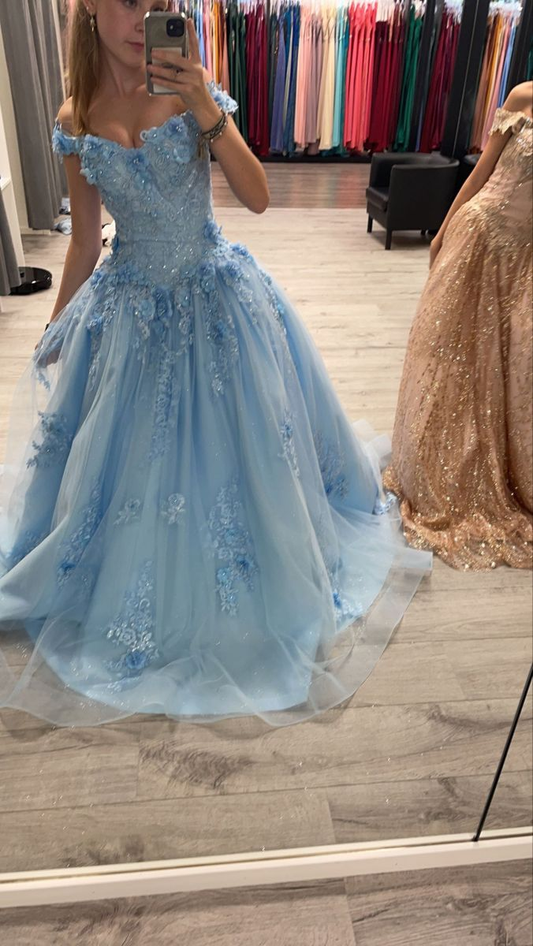 Off The Shoulder Blue Tulle A Line Prom Dress Princess Birthday Dress J9991