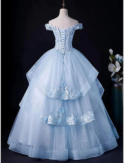 Off The Shoulder Blue Tulle A Line Prom Dress With Appliques J10195