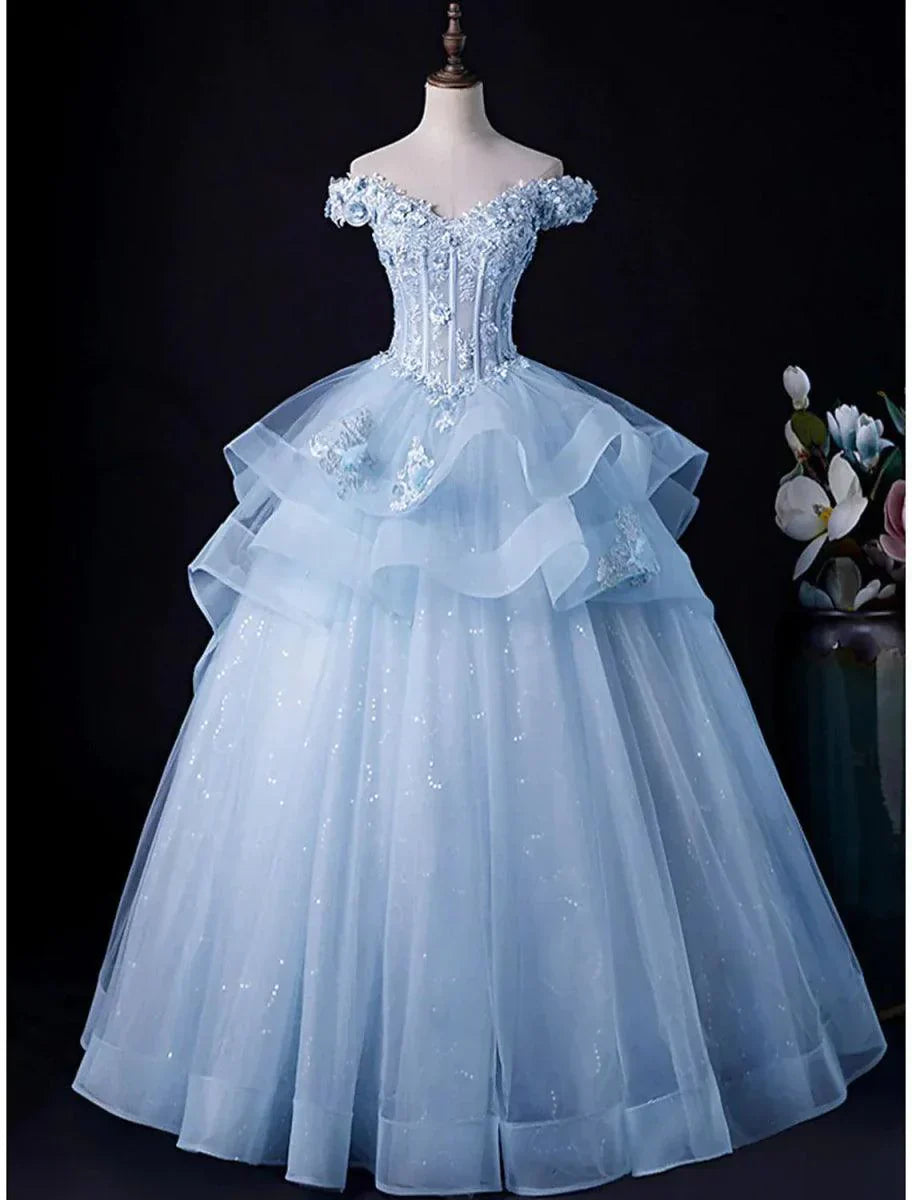 Off The Shoulder Blue Tulle A Line Prom Dress With Appliques J10195