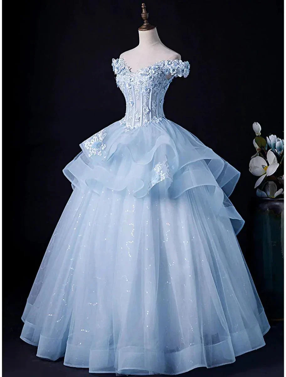 Off The Shoulder Blue Tulle A Line Prom Dress With Appliques J10195
