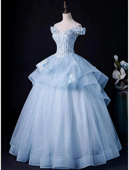 Off The Shoulder Blue Tulle A Line Prom Dress With Appliques J10195