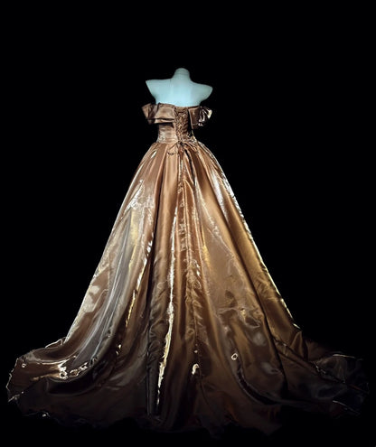 Off The Shoulder Brown Prom Dress A Line Birthday Gown  J10407