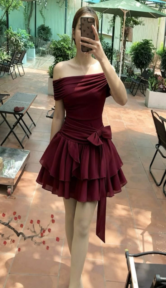 Off The Shoulder Burgundy Chiffon Homecoming Dress Short Birthday Dress  J11121