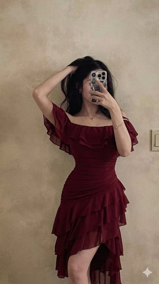 Off The Shoulder Burgundy Ruffled Chiffon Homecoming Dress  J11046