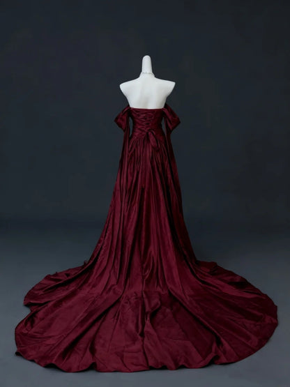 Off The Shoulder Burgundy Satin Formal Prom Dress Elegant Evening Dress  J10296
