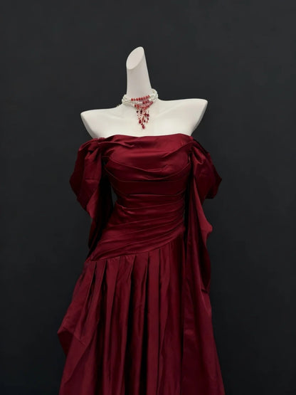 Off The Shoulder Burgundy Satin Formal Prom Dress Elegant Evening Dress  J10296