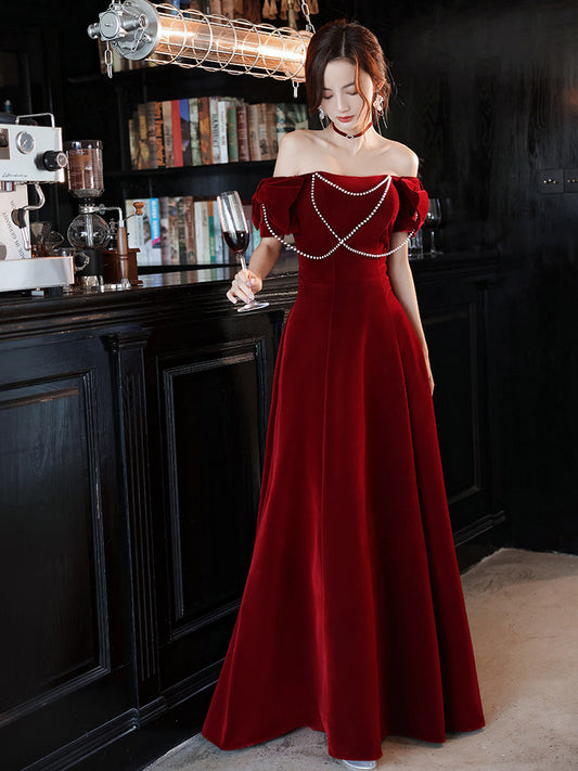 Off The Shoulder Burgundy Velvet Prom Dress A Line Birthday Dress J2305