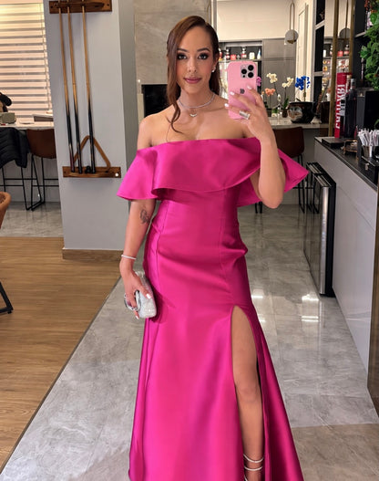 Off The Shoulder Hot Pink Satin Wedding Guest Dress With Slit  J11971