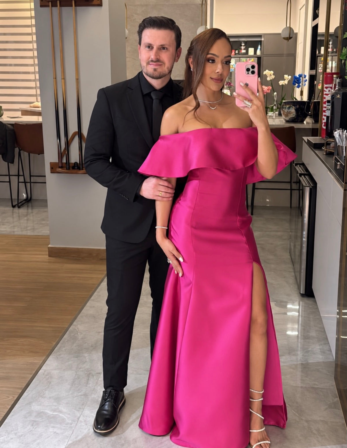 Off The Shoulder Hot Pink Satin Wedding Guest Dress With Slit  J11971