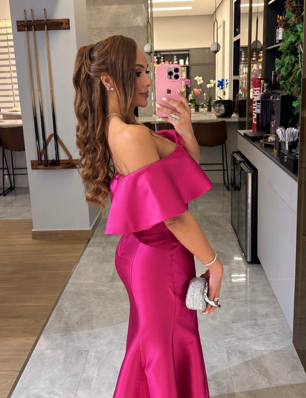 Off The Shoulder Hot Pink Satin Wedding Guest Dress With Slit  J11971