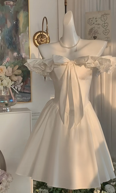 Off The Shoulder Ivory A Line Birthday Dress Short Homecoming Dress  J10994