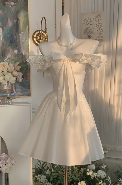 Off The Shoulder Ivory A Line Birthday Dress Short Homecoming Dress  J10994