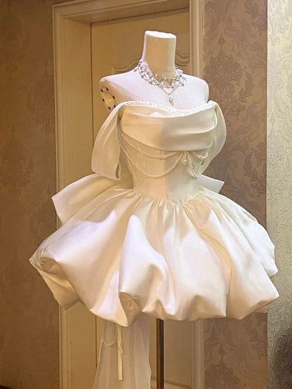 Off The Shoulder Ivory Birthday Dress Satin Homecoming Dress  J11468