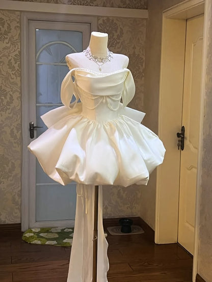Off The Shoulder Ivory Birthday Dress Satin Homecoming Dress  J11468
