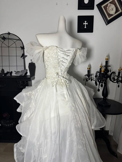 Off The Shoulder Ivory Birthday Dress With Appliques A Line Wedding Dress  J10842