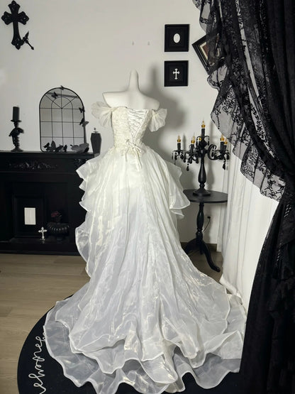 Off The Shoulder Ivory Birthday Dress With Appliques A Line Wedding Dress  J10842