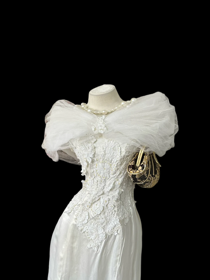 Off The Shoulder Ivory Prom Dress Satin Appliques Evening Dress J9831
