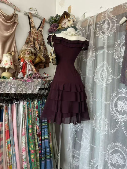 Off The Shoulder Layered Chiffon Homecoming Dress  J10552