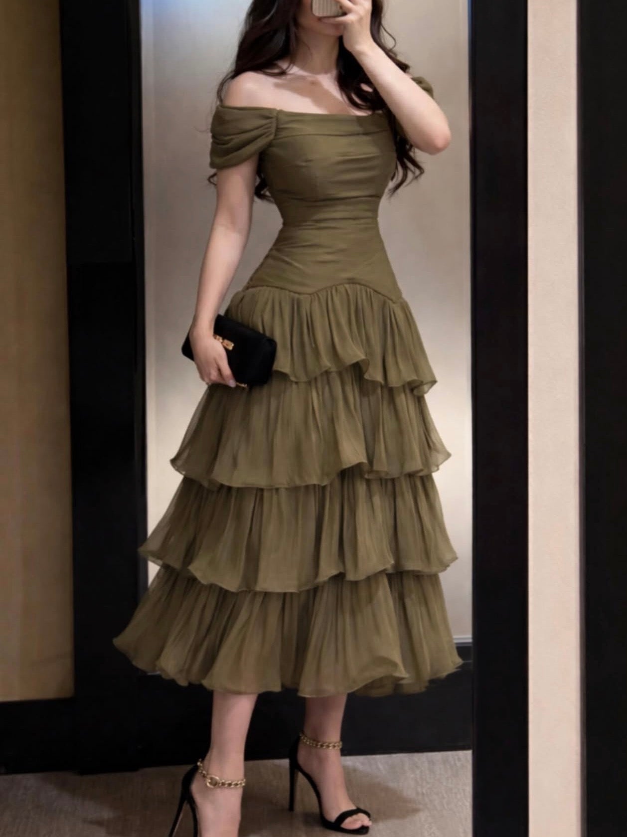 Off The Shoulder Layered Green Ruffled Prom Dress Wedding Guest Dress  J9942