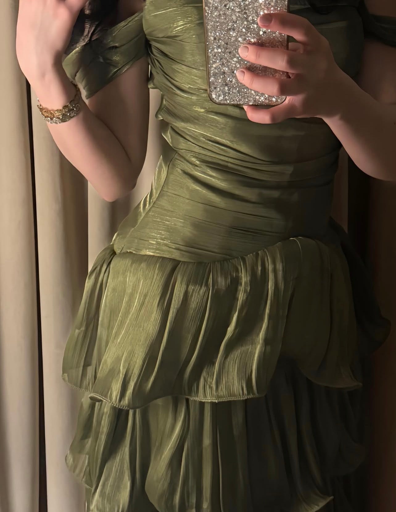 Off The Shoulder Layered Green Ruffled Prom Dress Wedding Guest Dress  J9942