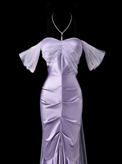 Off The Shoulder Lilac Satin Mermaid Formal Prom Dress  J12214