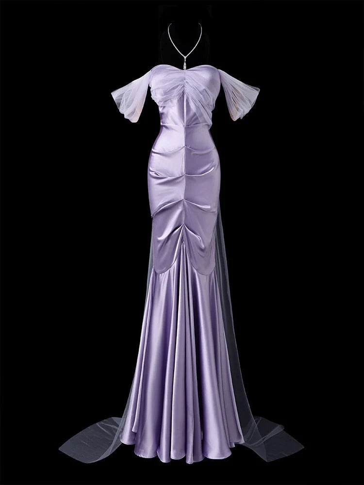 Off The Shoulder Lilac Satin Mermaid Formal Prom Dress  J12214