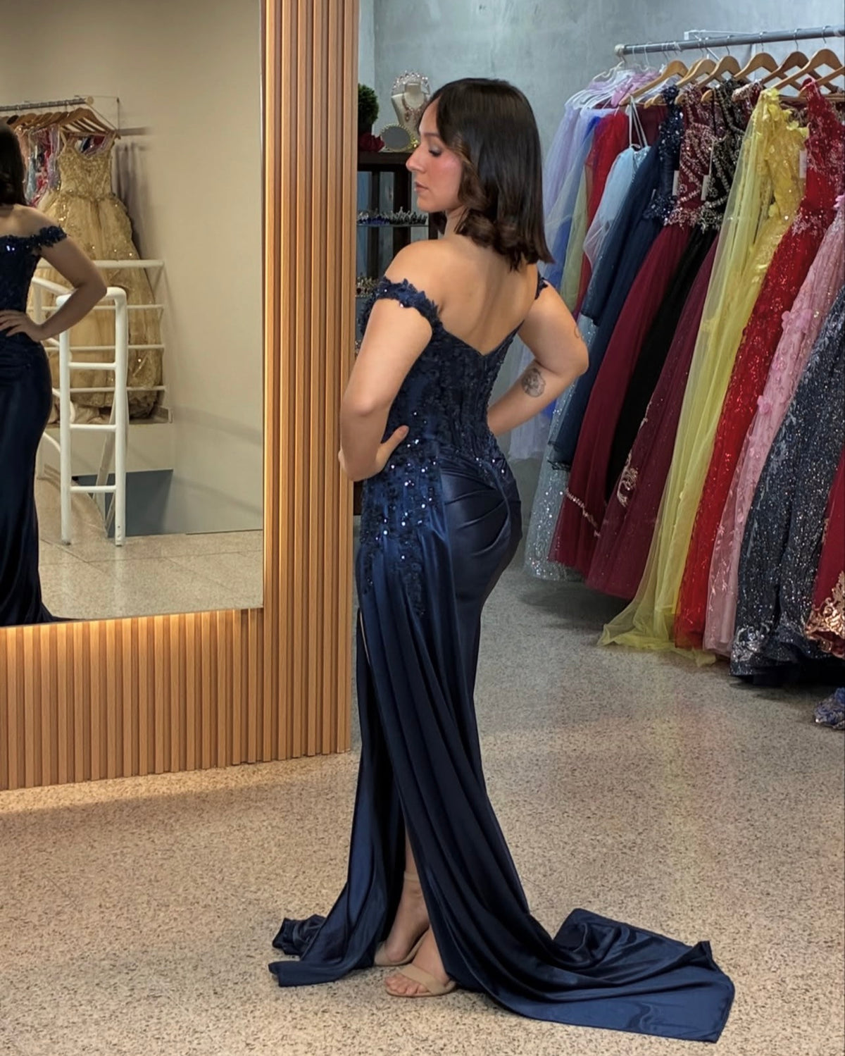 Off The Shoulder Navy Blue Formal Prom Dress With Appliques  J11980
