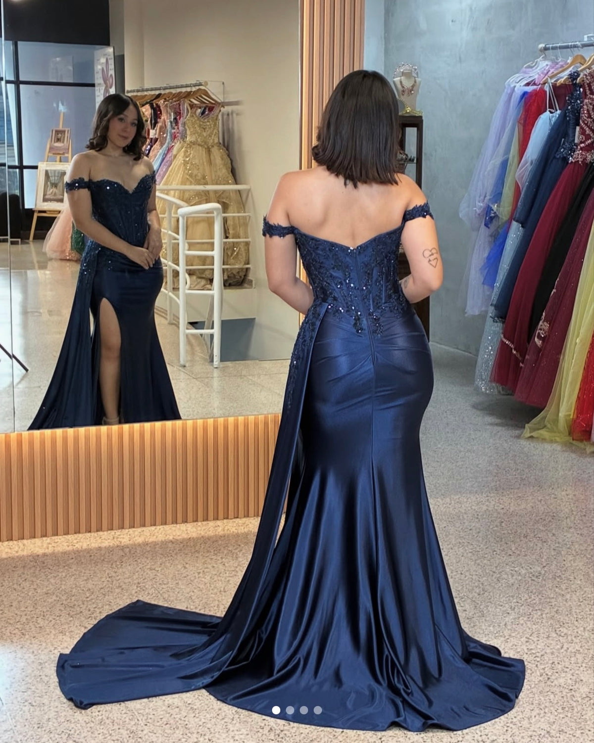 Off The Shoulder Navy Blue Formal Prom Dress With Appliques  J11980