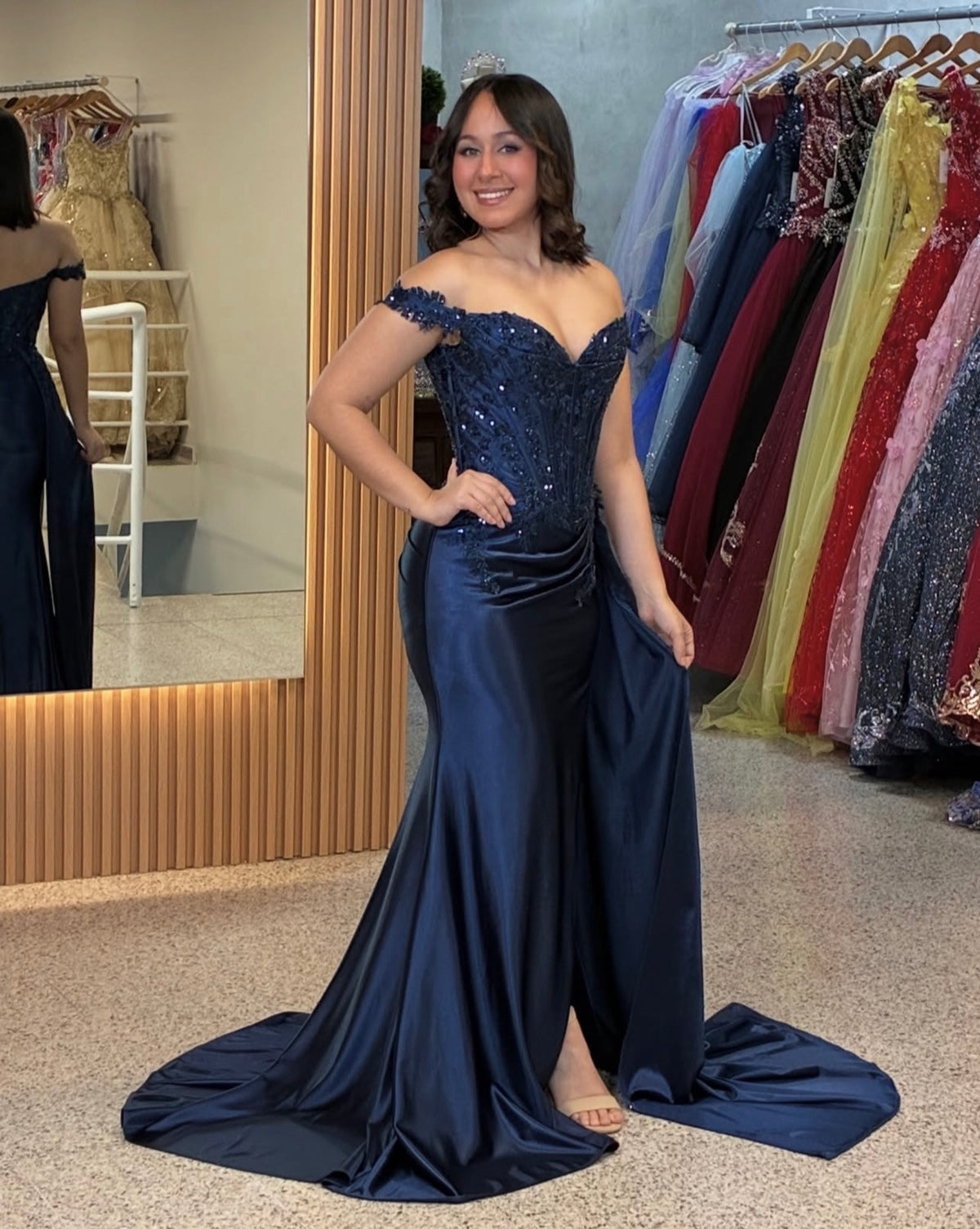Off The Shoulder Navy Blue Formal Prom Dress With Appliques  J11980