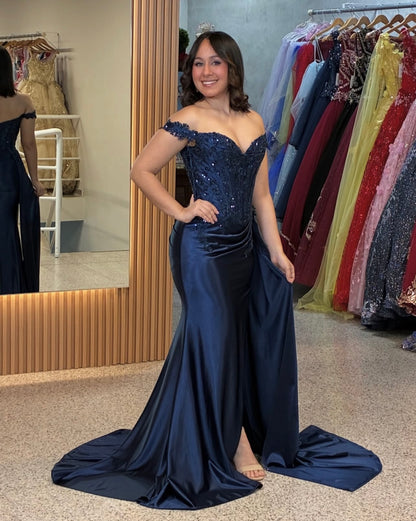 Off The Shoulder Navy Blue Formal Prom Dress With Appliques  J11980