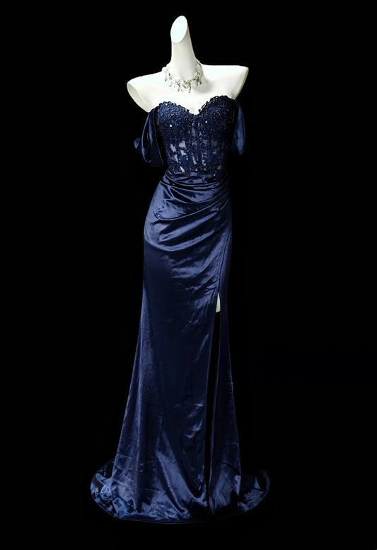 Off The Shoulder Navy Blue Mermaid Satin Prom Dress With Slit  J11814
