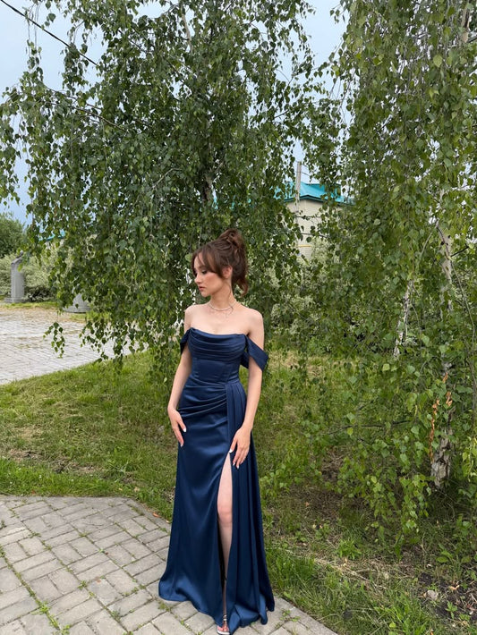 Off The Shoulder Navy Blue Satin Formal Prom Dress With Slit  J11603