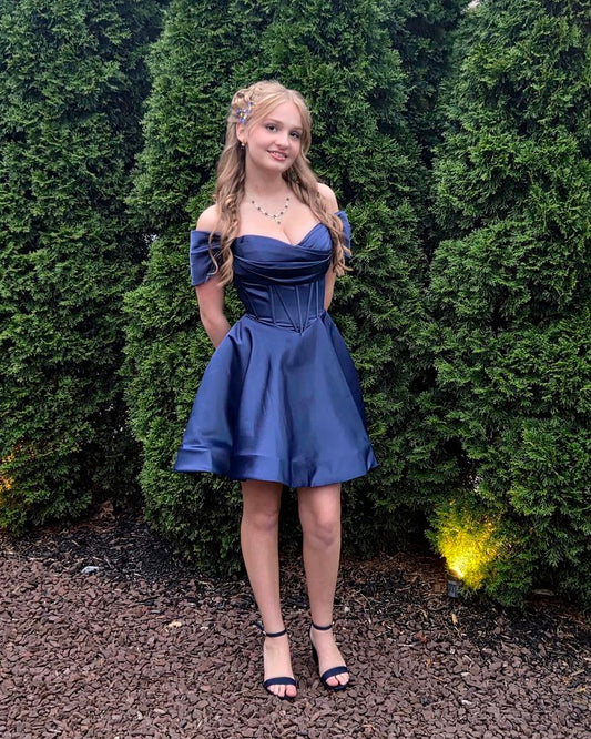 Off The Shoulder Navy Blue Satin Homecoming Dress  J11089