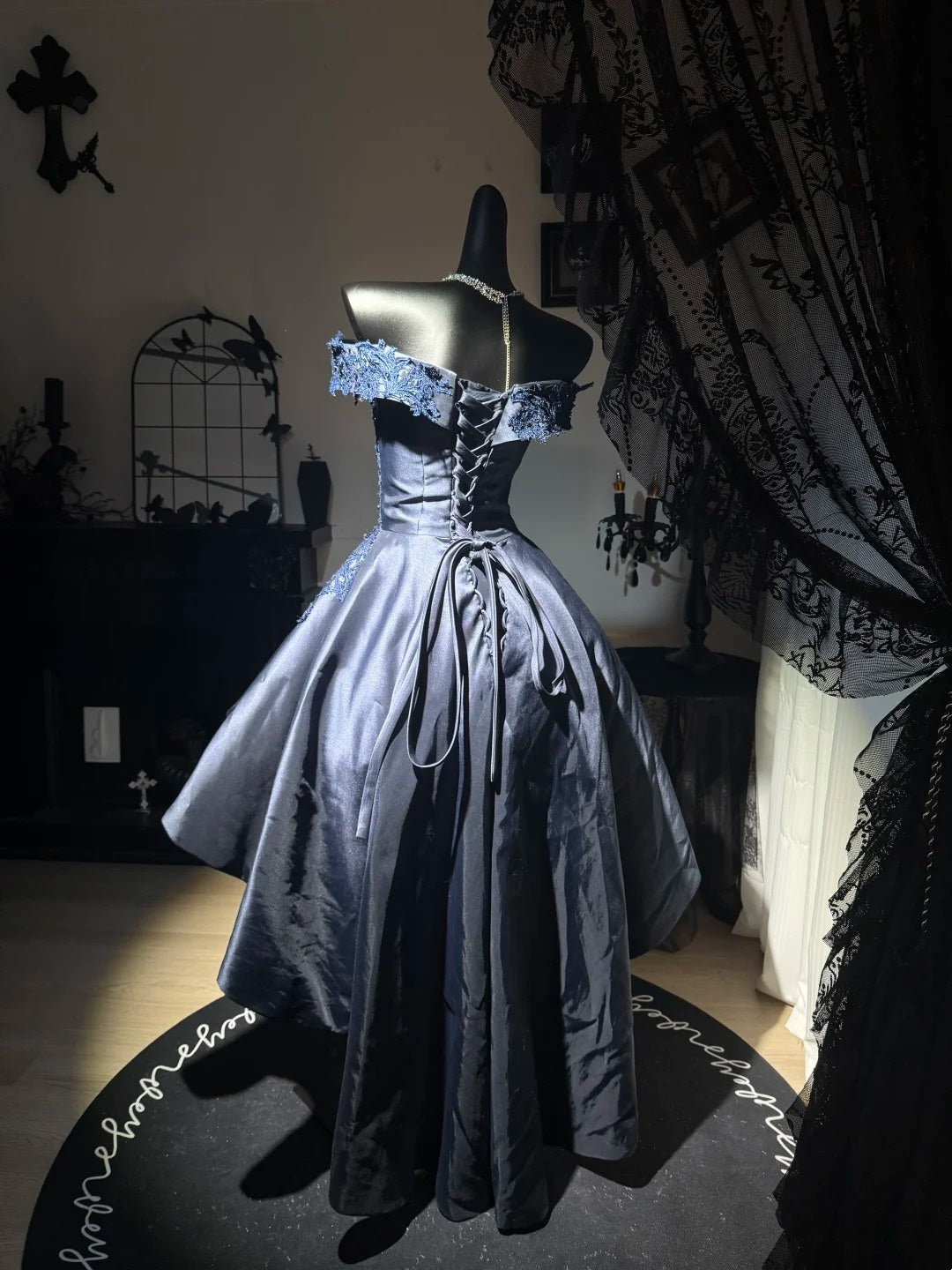 Off The Shoulder Navy Blue Satin Homecoming Dress With Appliques J1083 – JulyProm