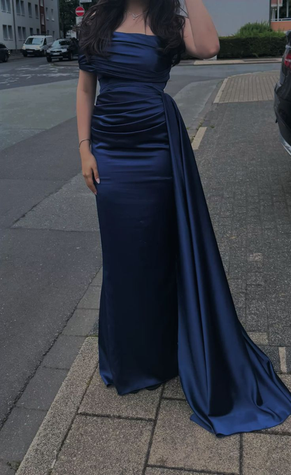 Off The Shoulder Navy Blue Satin Prom Dress Sheath Evening Dress J9995