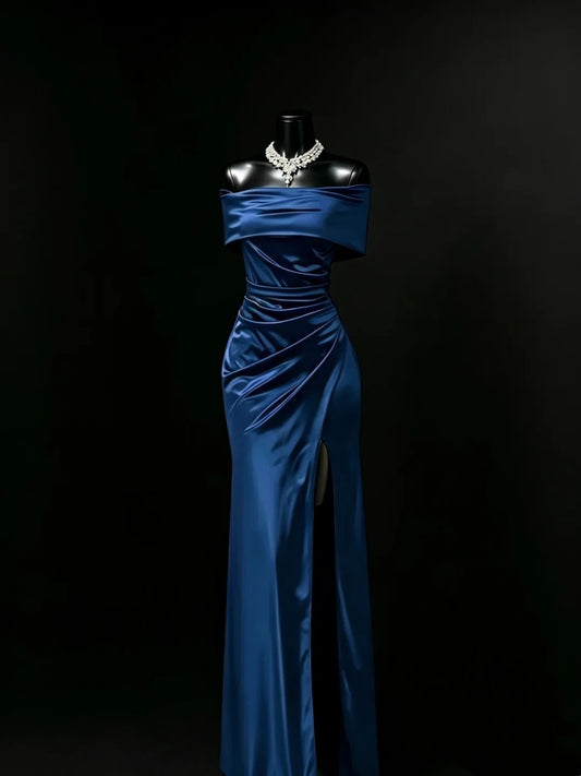 Trägerloses silbernes Vintage-Abendkleid, A-Linie, Geburtstagskleid J9370