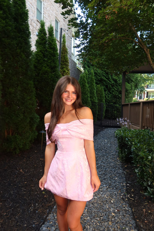 Off The Shoulder Pink A Line Mini Homecoming Dress   J11679