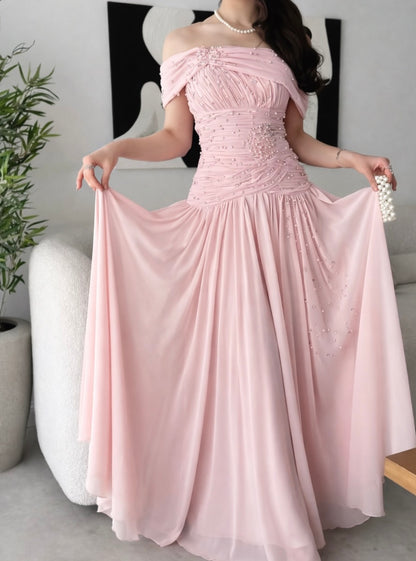 Off The Shoulder Pink Chiffon Prom Dress Beaded Formal Dress  J9924