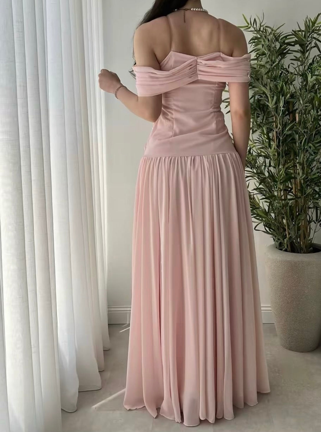 Off The Shoulder Pink Chiffon Prom Dress Beaded Formal Dress  J9924
