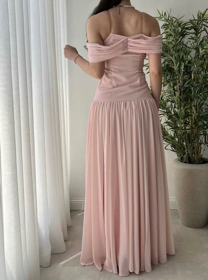Off The Shoulder Pink Chiffon Prom Dress Beaded Formal Dress  J9924