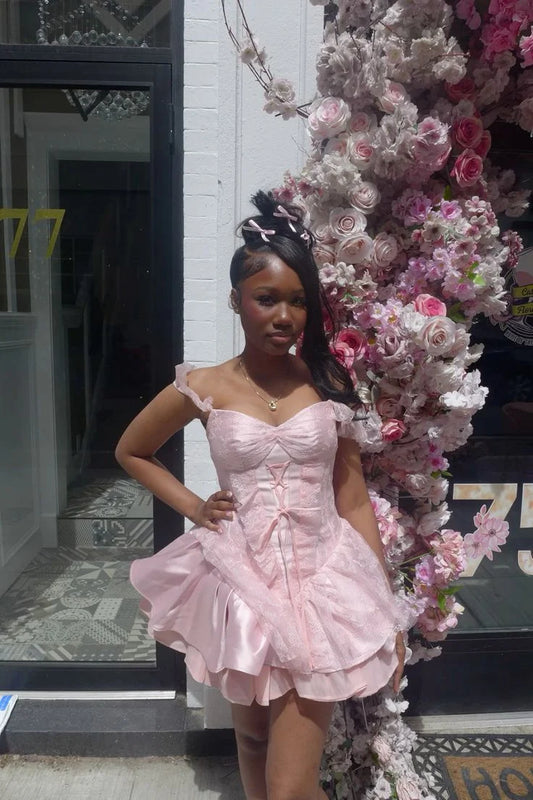 Off The Shoulder Pink Lace Homecoming Dress Short Birthday Dress  J11507